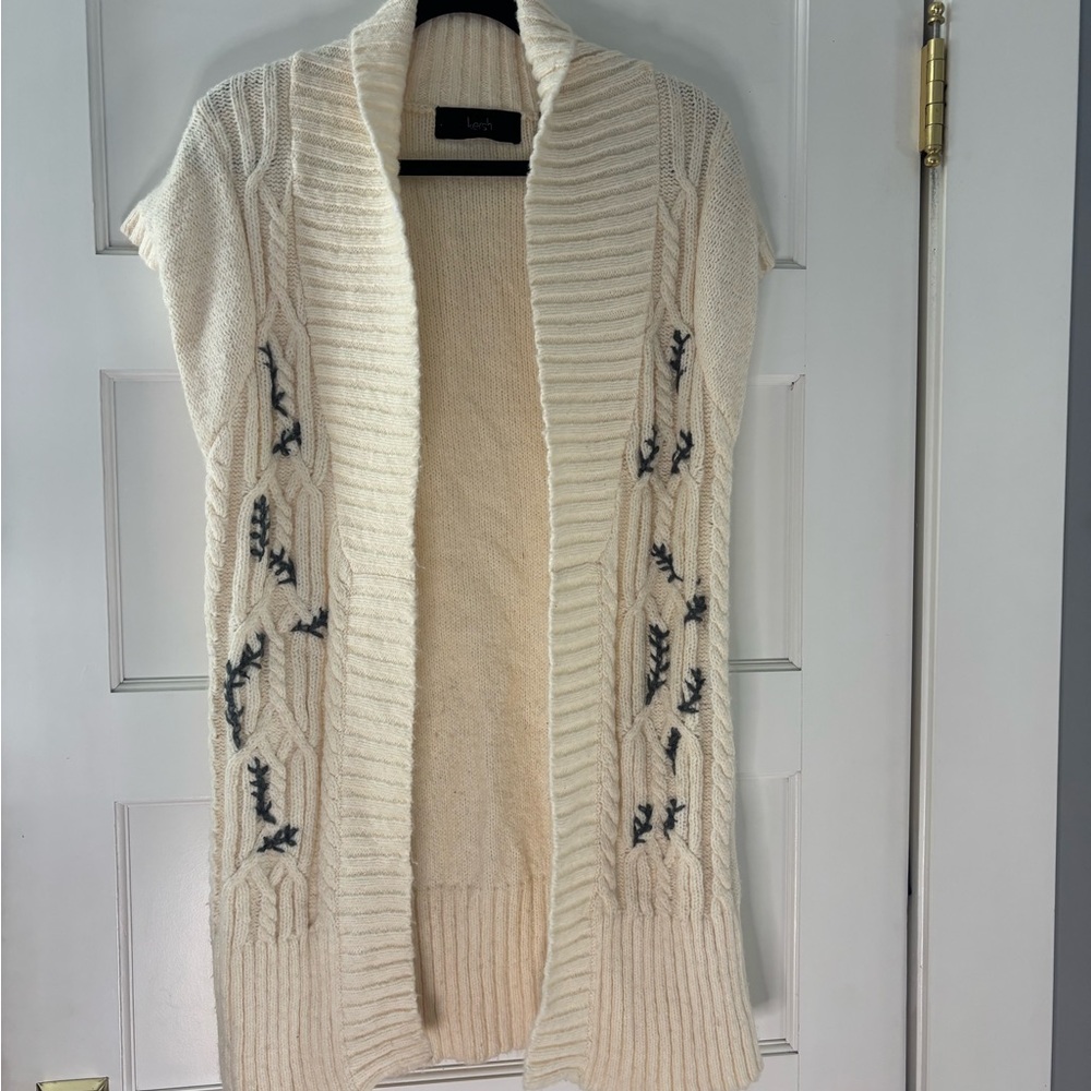 Kersh Cream Open-Front Cardigan with Black Leaf Pattern